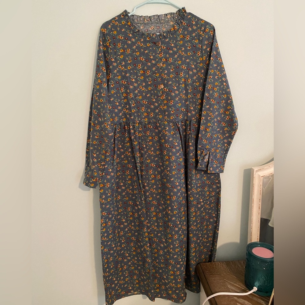 Blue Floral Cottagecore Midi Dress
